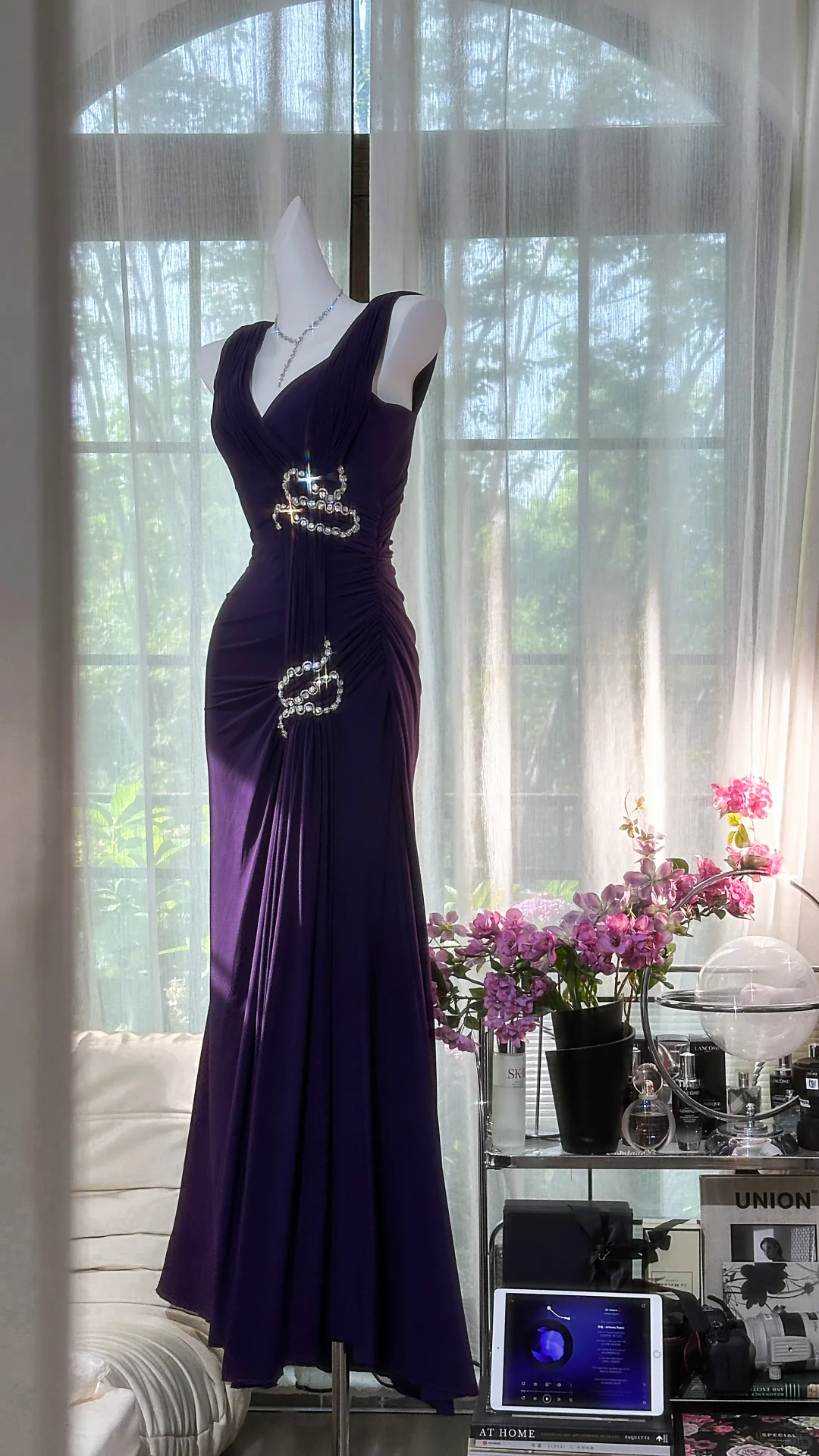 Pretty V Neck Purple Chiffon Beaded Mermaid Party Dress Formal Birthday Prom Dress - View 2 | VelvetHem