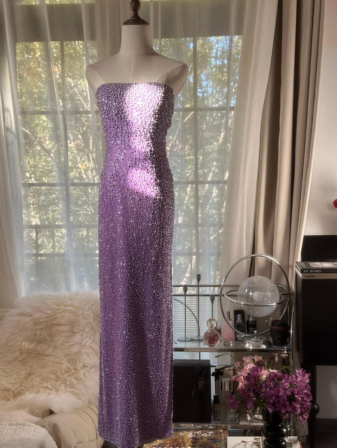 Glamorous Strapless Purple Chiffon Beaded Sheath Slit Prom Dress Long Party Gown - View 5 | VelvetHem