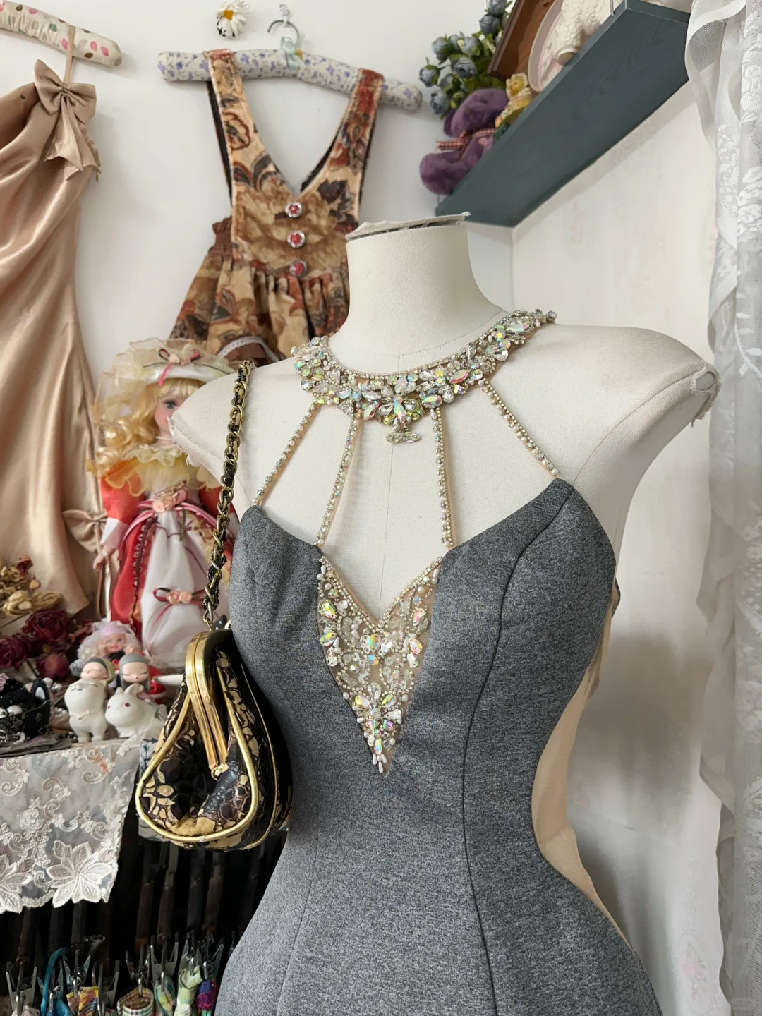 Vintage Gray Sleeveless Satin Beaded Sheath Cocktail Dress Mini Homecoming Dress - View 2 | VelvetHem