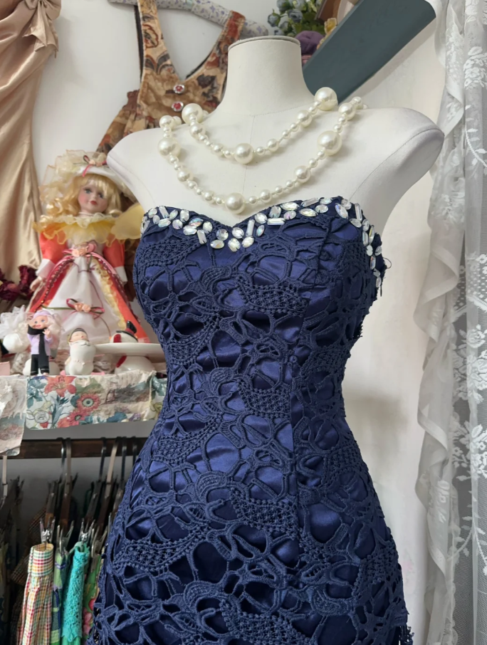 Charming Navy Blue Strapless Lace Beaded Mermaid Long Evening Dress Party Dress