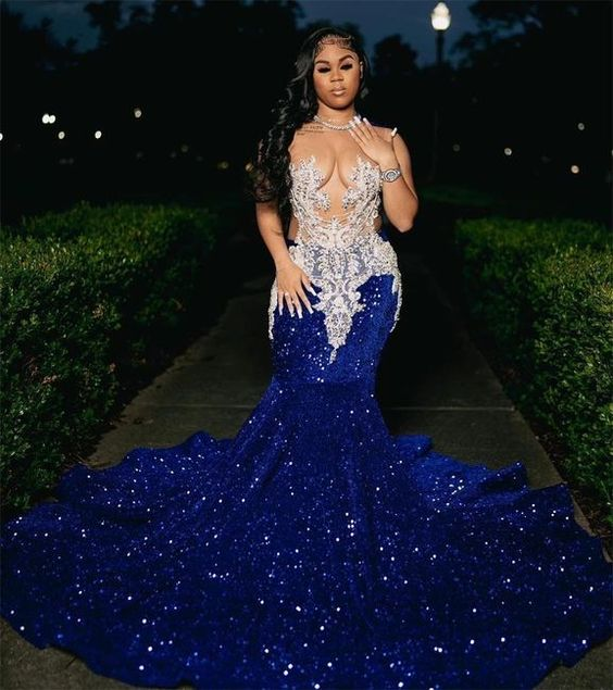 Royal Blue Sequins Mermaid Evening Dress With Sheer Neck Plus Size Formal Evening Occasion Gowns Y6358 - VelvetHem