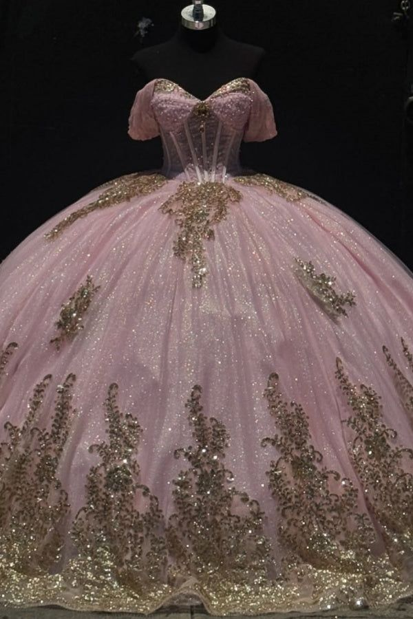 Glitter Pink Tulle Sequins Sweet 16 Ball Gown Off The Shoulder Quinceanera Dress - View 3 | VelvetHem