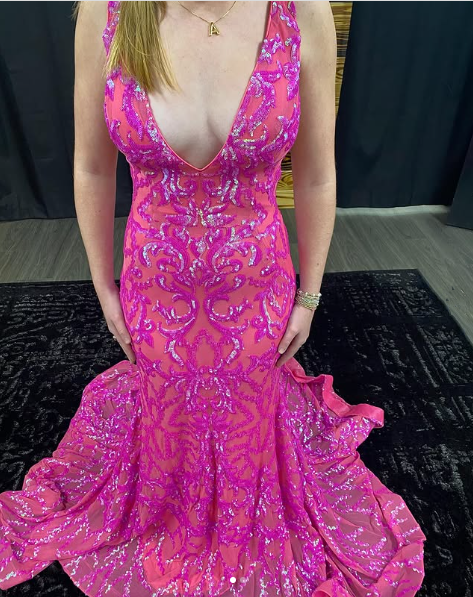 Luxury Deep V Neck Mermaid Evening Dress Pink Formal Prom Dress Y7819 - VelvetHem