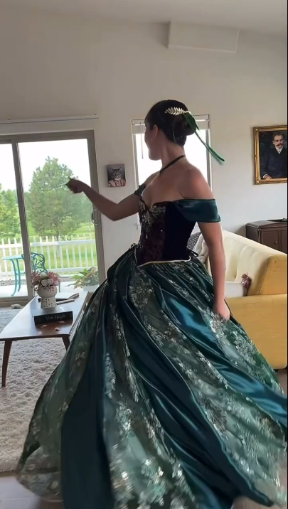 Vintage Off The Shoulder Green Satin Lace Applique Ball Gown Sweet 16 Dress - View 7 | VelvetHem