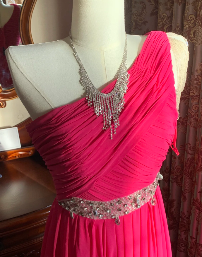 Pretty Rose Red One Shoulder Chiffon Pleated Beaded Evening Dress Long Wedding Guest Dress - View 4 | VelvetHem