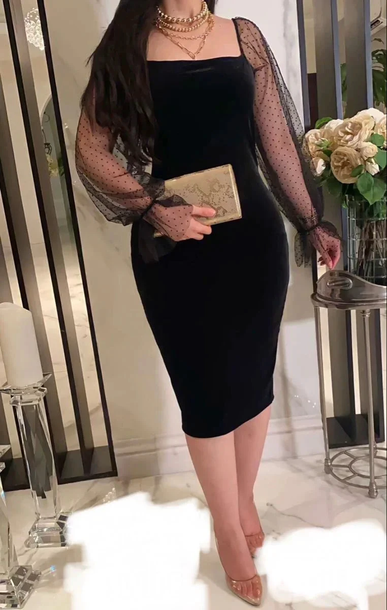 Women Elegant Lantern Sleeve Mesh Patchwork Midi Formal Party Dress Black Short Homecoming Dress (ZD12584)