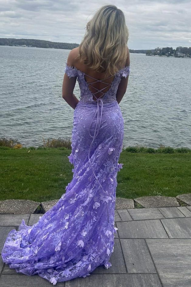 Purple Off The Shoulder Tullelace Appliques Evening Dress Slit Mermaid Party Dress - View 3 | VelvetHem