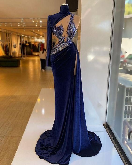 High Neck Velvet Prom Dress, Unique Evening Dress