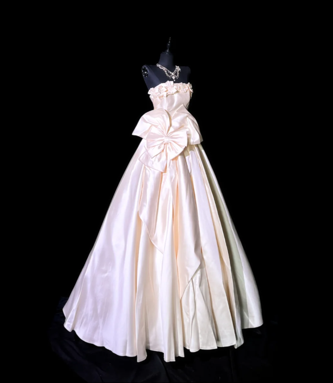 Cute Strapless Bow Satin Long Birthday Party Dress Evening Dress - View 2 | VelvetHem