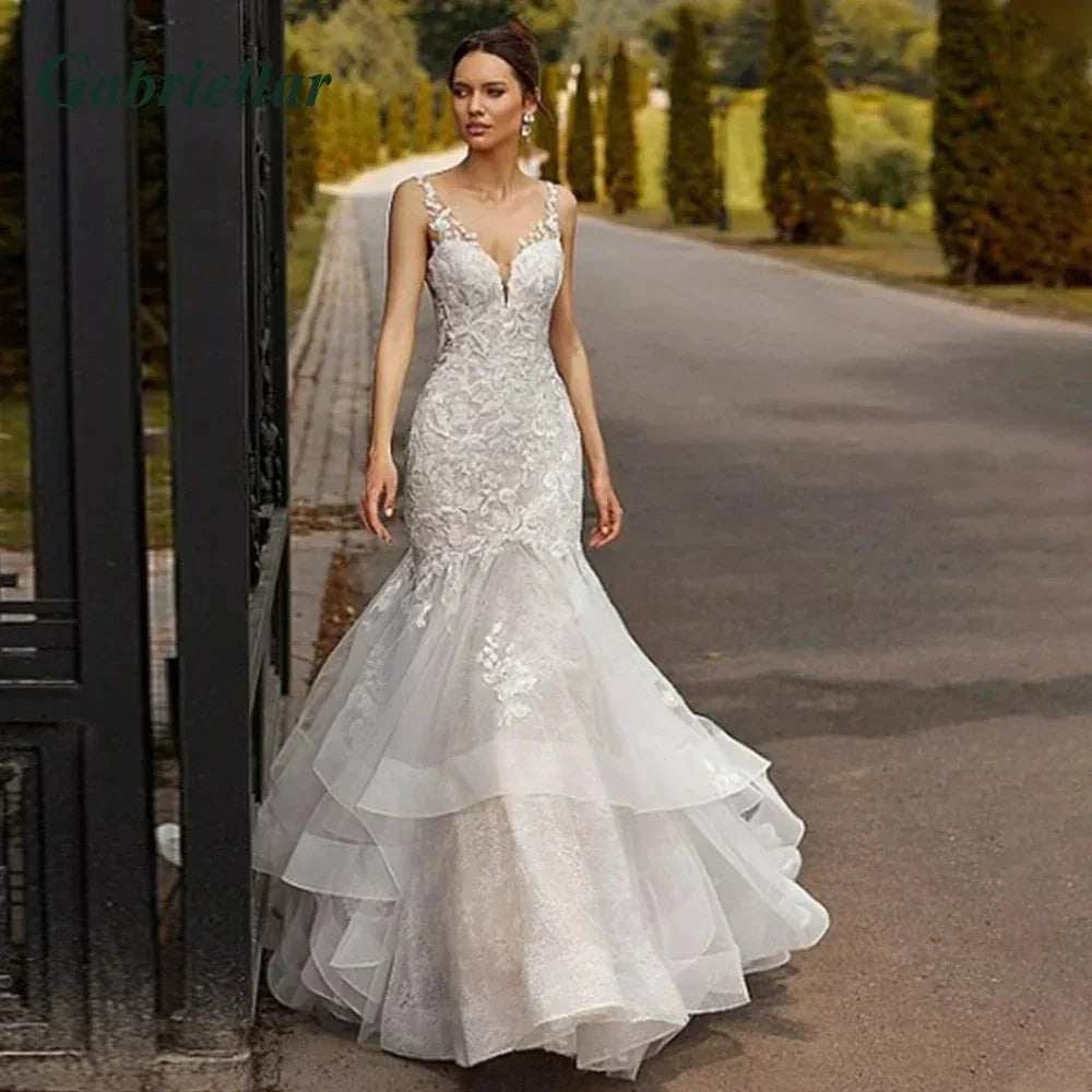 Luxury Mermaid Wedding Dresses Ruffles Backless V-Neck Lace Appliques Sleeveless Sweep Train Vestido De Novia 2024 (ZD13465)