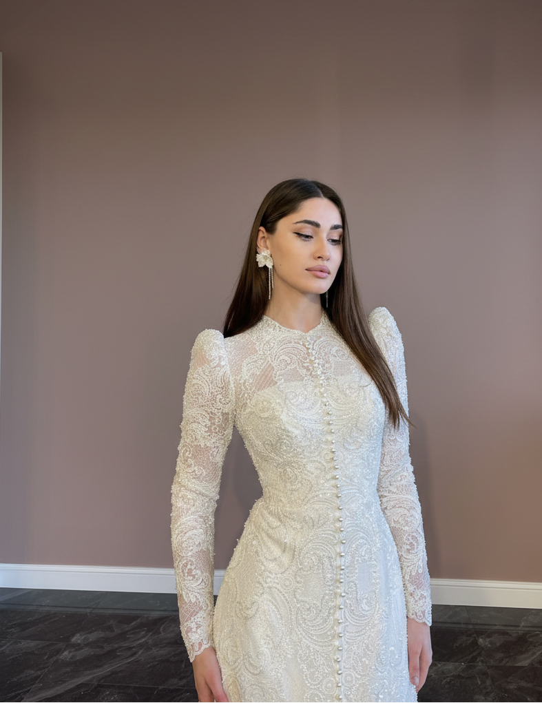 High Neck Lace Wedding Dress Modest Muslim Style Floral Bridal