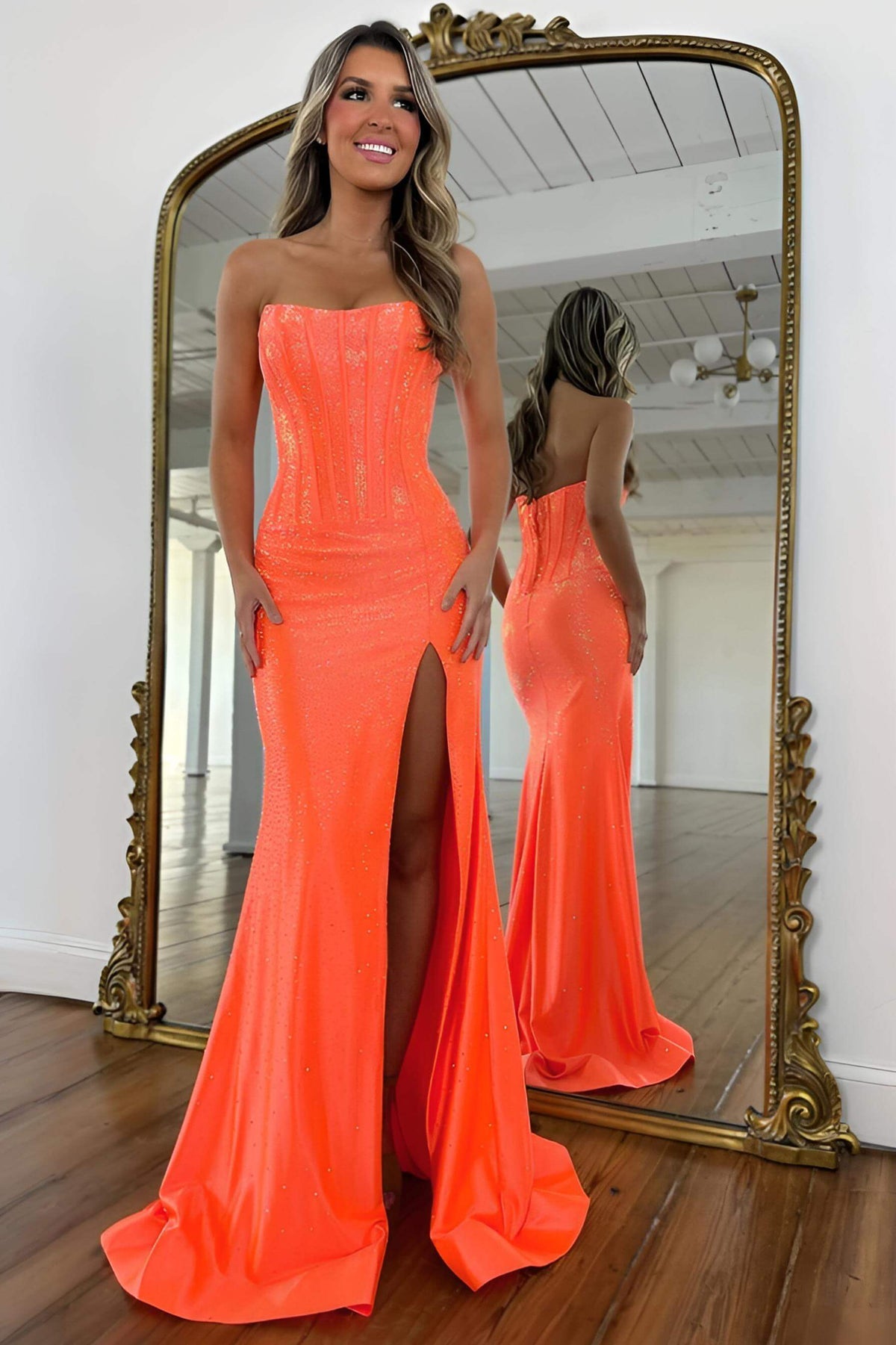 Mermaid Strapless Hot Pink Long Prom Dress With Beading Split Front Formal Evening Gown