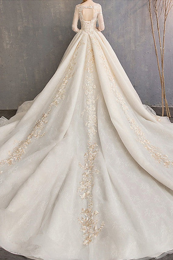 Glamorous A-Line Wedding Dress Jewel Lace 3/4 Length Sleeve Bridal Gowns Backless Court Train