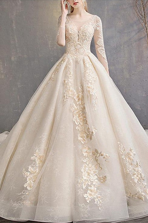 Glamorous A-Line Wedding Dress Jewel Lace 3/4 Length Sleeve Bridal Gowns Backless Court Train