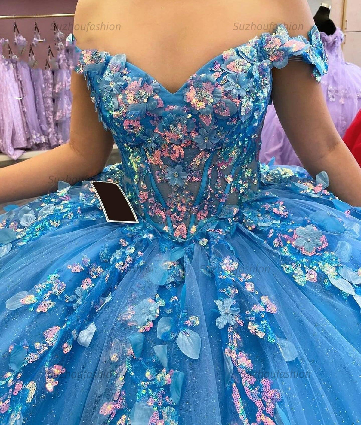 Glamorous Ball Gown Off Shoulder 3D Floral Lace Applique Beaded Lake Blue Tulle Quinceanera Dress Princess Birthday Party Gown For Sweet 16
