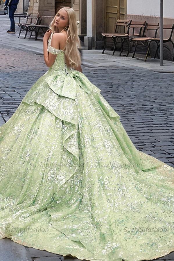 Glamorous Ball Gown Off Shoulder Sleeveless Beaded Tiered Ruffles Silver Flowers Appliques Green Tulle Quinceanera Dress Evening Formal Gown For Sweet 16
