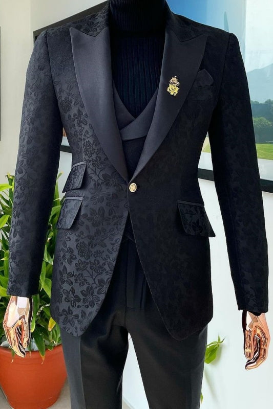 Glamorous Black Peaked Lapel 3 Piece Jacquard Prom Suit