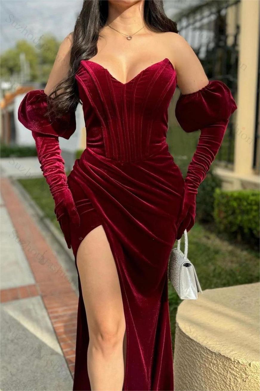 Glamorous Burgundy Prom Dress Velvet Sweetheart Split Evening Formal Dress