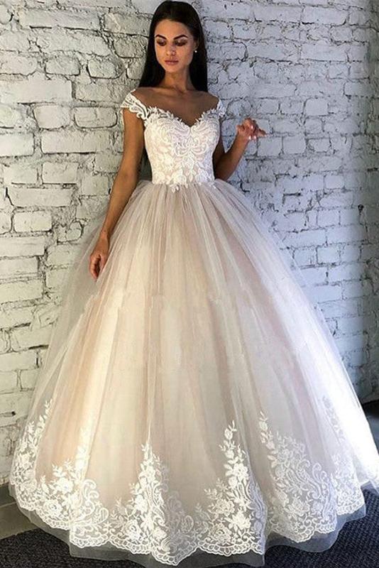 Glamorous Cap Sleeves Wedding dress Crew Neck Tulle Lace Bridal Gowns Online