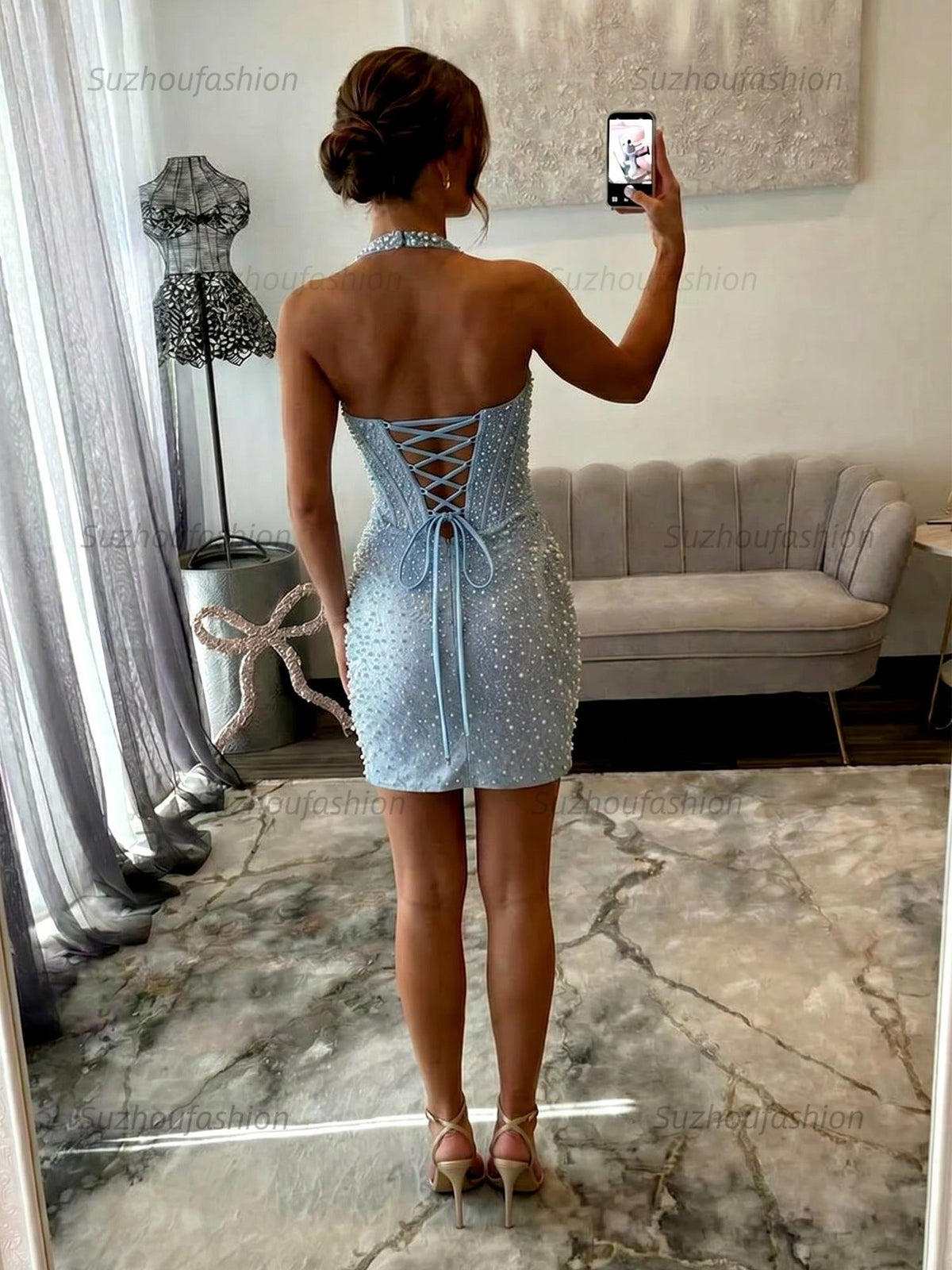 Suzhoufashion Glamorous Champagne Pearl Beaded Corset Short Homecoming Dress