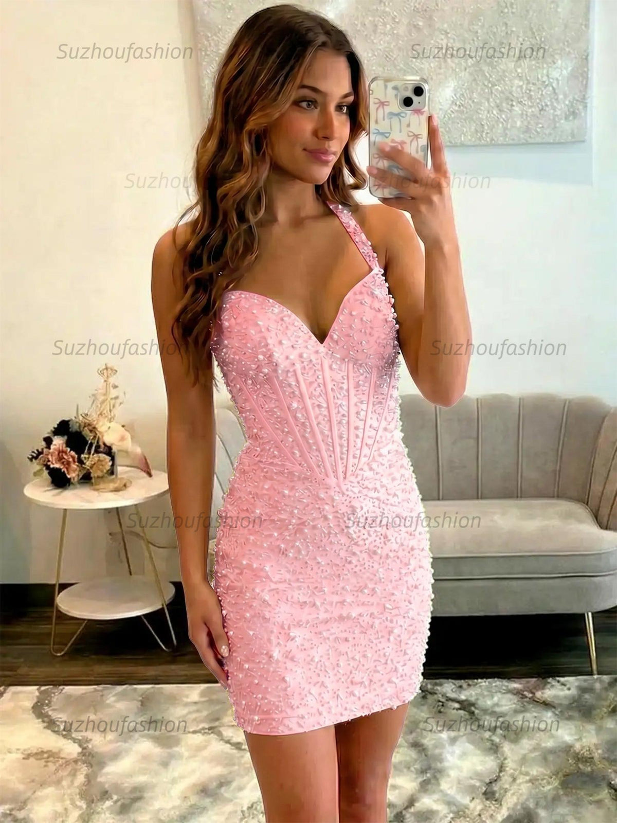 Suzhoufashion Glamorous Champagne Pearl Beaded Corset Short Homecoming Dress