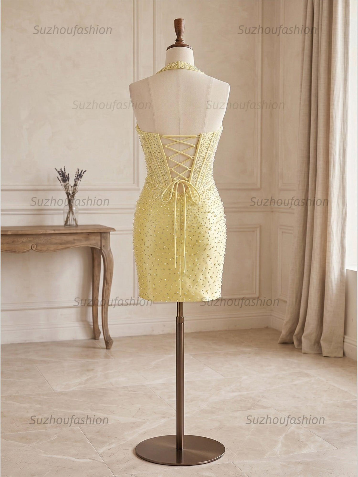 Suzhoufashion Glamorous Champagne Pearl Beaded Corset Short Homecoming Dress