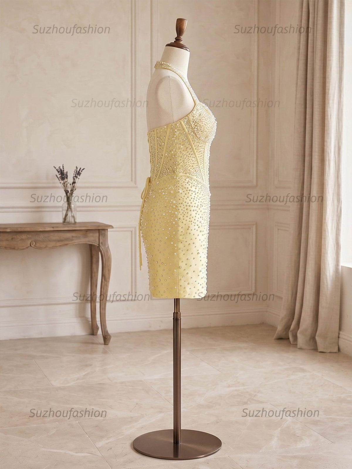 Suzhoufashion Glamorous Champagne Pearl Beaded Corset Short Homecoming Dress