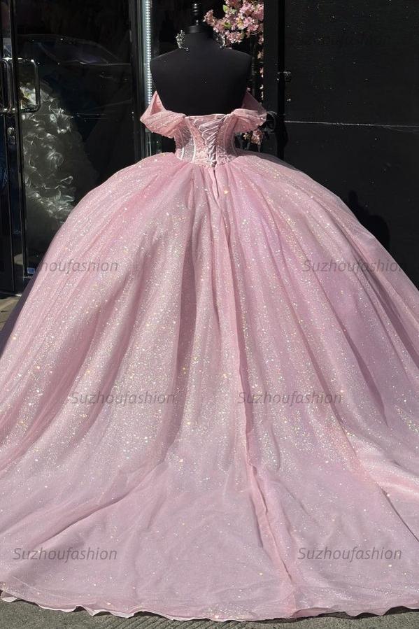 Glamorous & Cute Ball Gown Off Shoulder Beaded Pleated Lace Up Pink Tulle Quinceanera Dress Birthday Party Gown For Sweet 16