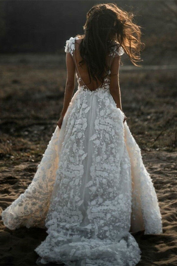 Glamorous Deep V-Neck Beach Wedding Dress Cap Sleeves Tulle Bridal Gowns With Lace Appliques