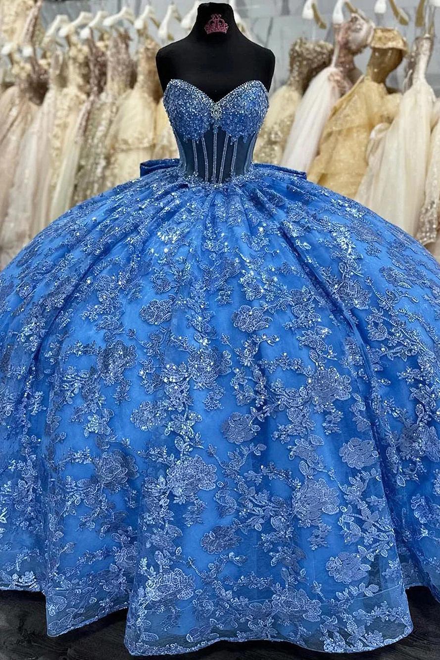 Glamorous & Glitter Ball Gown Sweetheart Neck Tiered Fully Lace Applique Beaded Bow Knot Blue Tulle Quinceanera Dress Birthday Party Princess Dress For Sweet 16