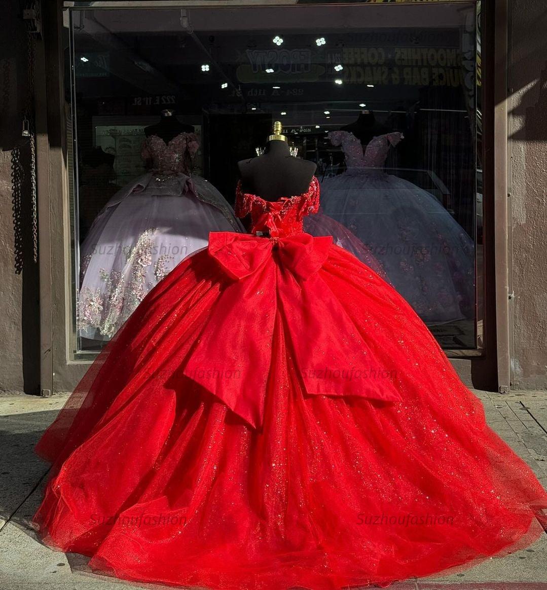 Glamorous & Gorgeous Ball Gown Off Shoulder Sweetheart Neck Red Tulle Princess Evening Party Gown Quinceanera Dress For Sweet 16