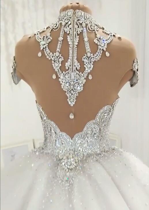 Glamorous High Neck Crystal Wedding Dresses |  Short Sleeves Sheer Tulle Bridal Ball Gown