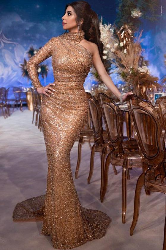 Glamorous High-Neck Mermaid Evening Gown | Sequins One-Shoulder Prom Dress