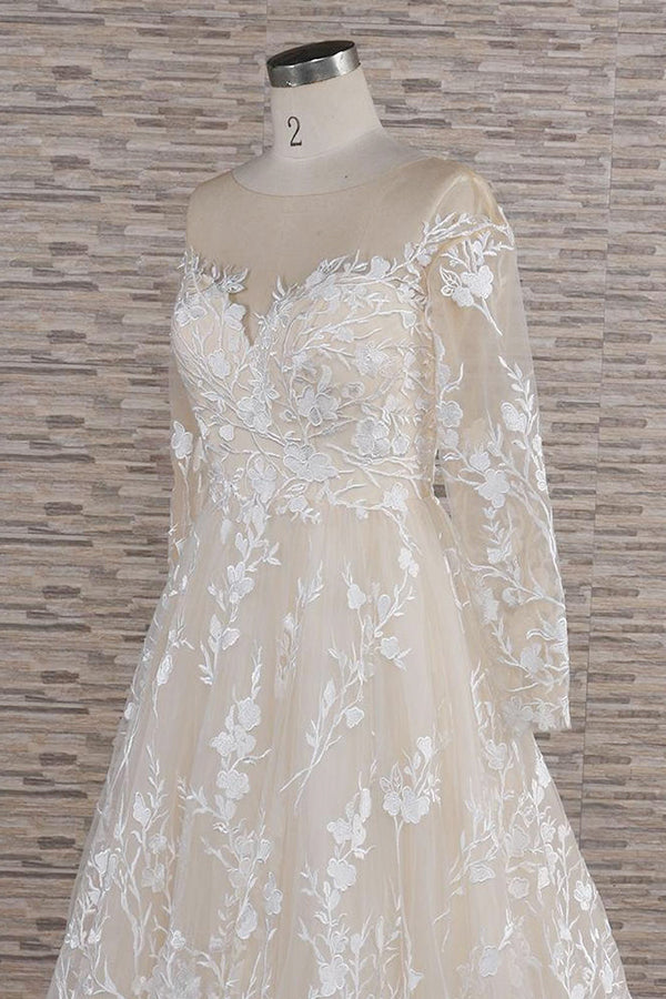 Glamorous Jewel Longsleeves Champagne Wedding Dress | A-line Lace Bridal Gowns With Appliques