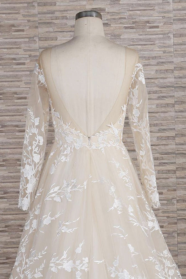 Glamorous Jewel Longsleeves Champagne Wedding Dress | A-line Lace Bridal Gowns With Appliques