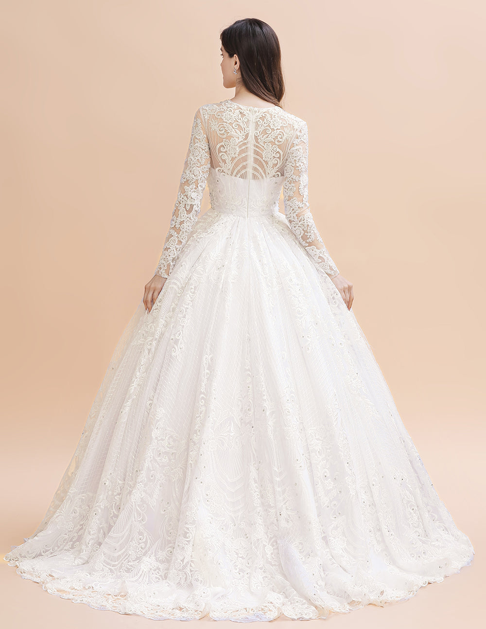 Glamorous Jewel Tulle Lace Wedding Dress | Long Sleeves Appliques Beadings Bridal Gowns