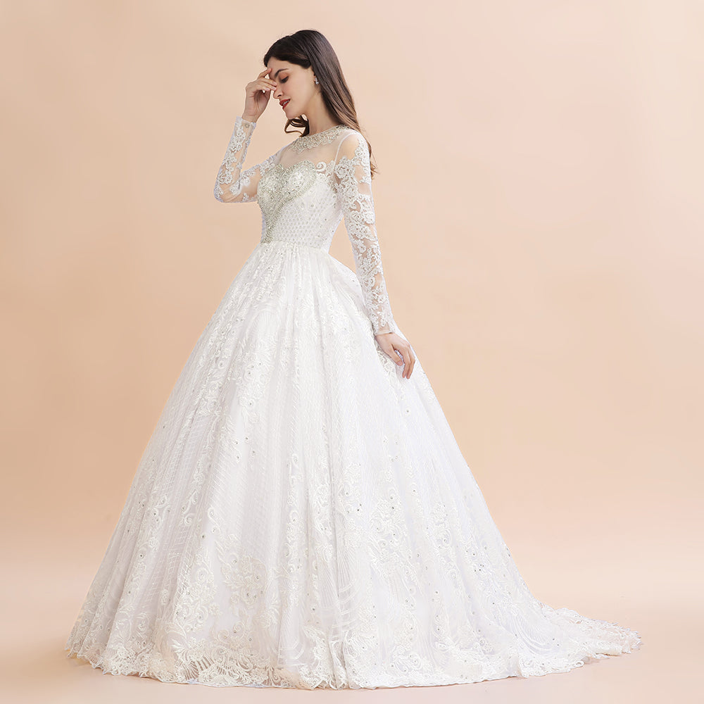 Glamorous Jewel Tulle Lace Wedding Dress | Long Sleeves Appliques Beadings Bridal Gowns