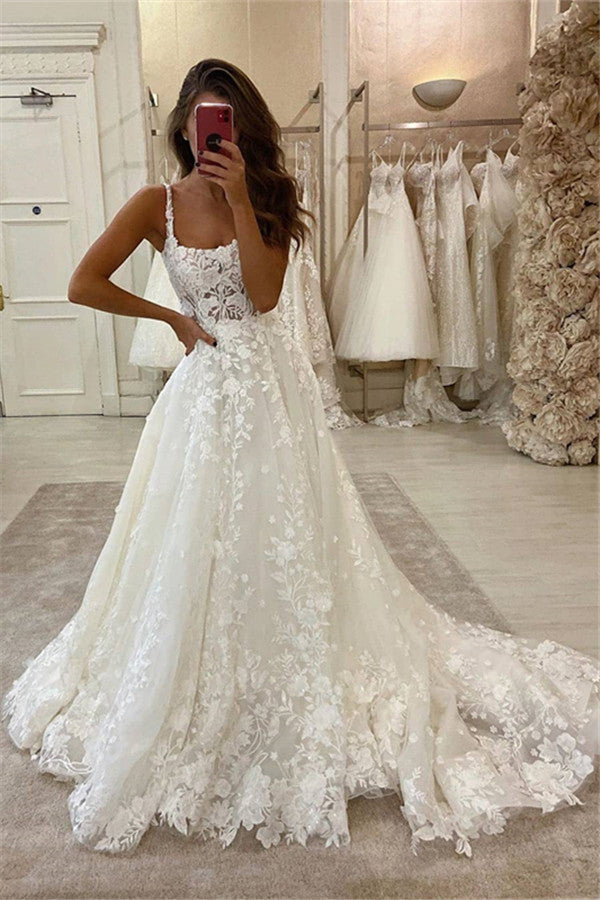 Glamorous Lace Appliques Spaghetti Straps Beach Wedding Dresses | Sweep Train A-line Bridal Gowns