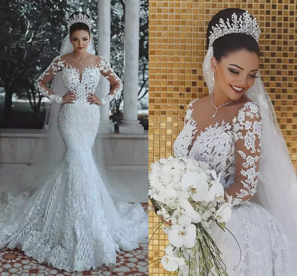 Glamorous Long Sleeve Lace Wedding Dress Mermaid Designer Bridal Gowns Online