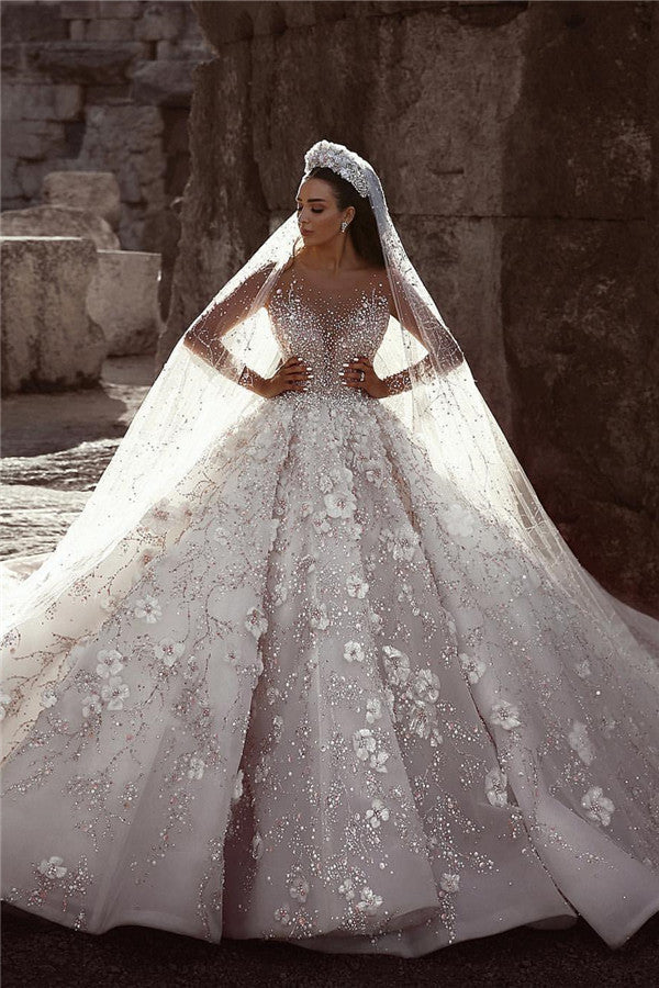 Glamorous Long Sleeves Flowers Wedding Dresses |  Beadings Bridal Ball Gowns BC0151