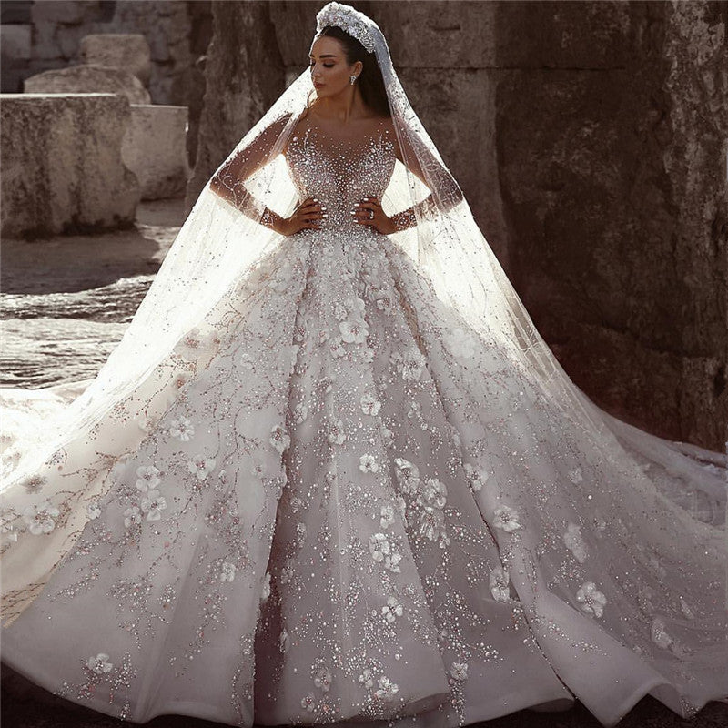 Glamorous Long Sleeves Flowers Wedding Dresses |  Beadings Bridal Ball Gowns BC0151