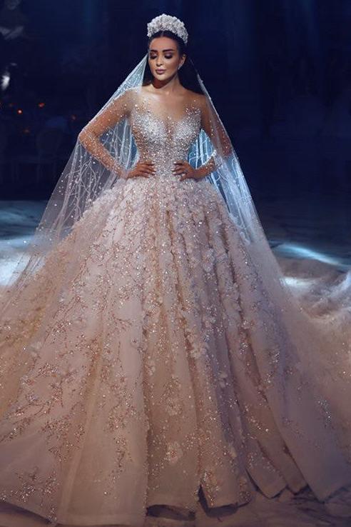 Glamorous Long Sleeves Flowers Wedding Dresses |  Beadings Bridal Ball Gowns BC0151