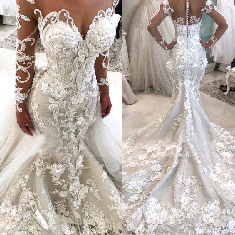 Glamorous Long Sleeves Mermaid Wedding Dresses  | Sexy Flowers Mermaid Bridal Gowns with Detachable Train
