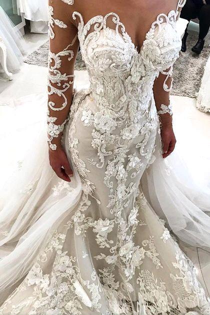 Glamorous Long Sleeves Mermaid Wedding Dresses  | Sexy Flowers Mermaid Bridal Gowns with Detachable Train