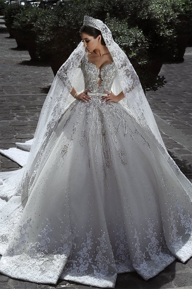 Glamorous Long Sleeves Tulle Appliques Wedding Dresses  Crystal Bridal Ball Gowns with Bow BA7970