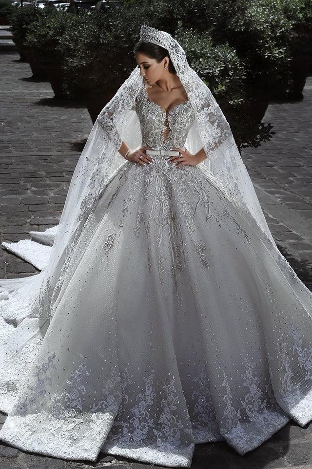 Glamorous Long Sleeves Tulle Appliques Wedding Dresses  Crystal Bridal Ball Gowns with Bow BA7970