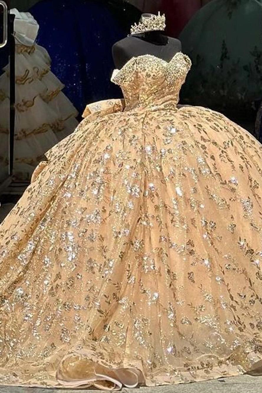 Glamorous & Luxury Ball Gown Off Shoulder Fully Sequins Appliques Beaded Tiered Bow Knot Champagne Tulle Princess Evening Party Dress Quinceanera Dress For Sweet 16