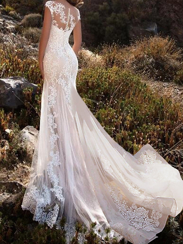 Glamorous Mermaid Beach Wedding Dress Jewel Lace Tulle Sleeveless Bridal Gowns with Chapel Train