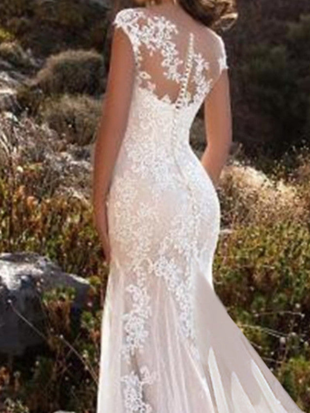 Glamorous Mermaid Beach Wedding Dress Jewel Lace Tulle Sleeveless Bridal Gowns with Chapel Train