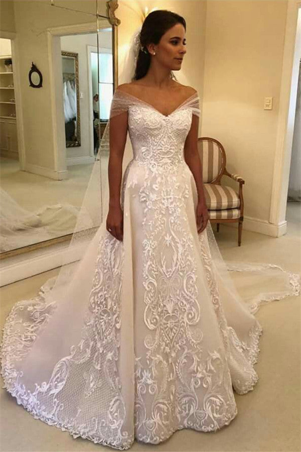 Glamorous Off Shoulder A-line Wedding Dresses  | Appliques Court Train Bridal Gowns